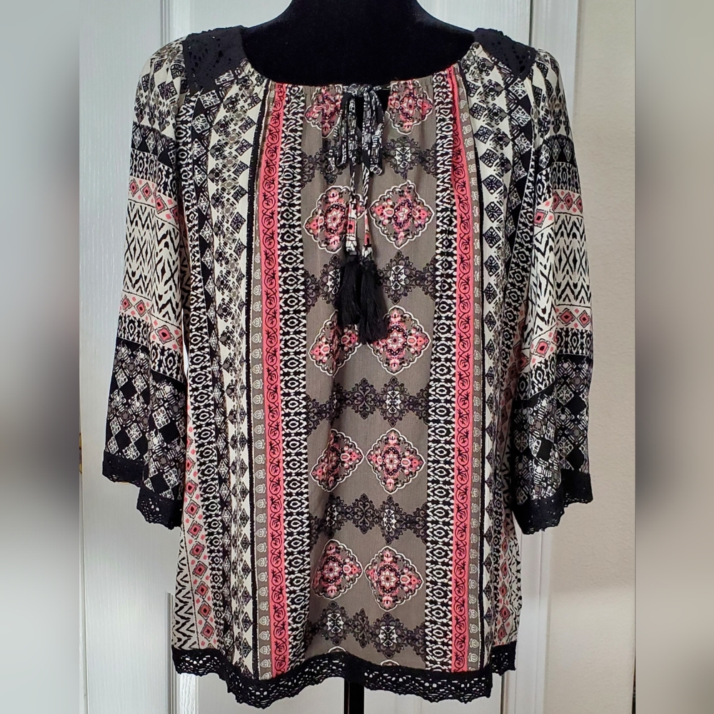Dressbarn Peasant style, multi color top, tassle tie, sz S.